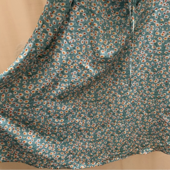 Blue Green Ditsy Floral Print Puff Sleeve Drawstring Self-Tie Ruched Bust Dress - Picture 8 of 16